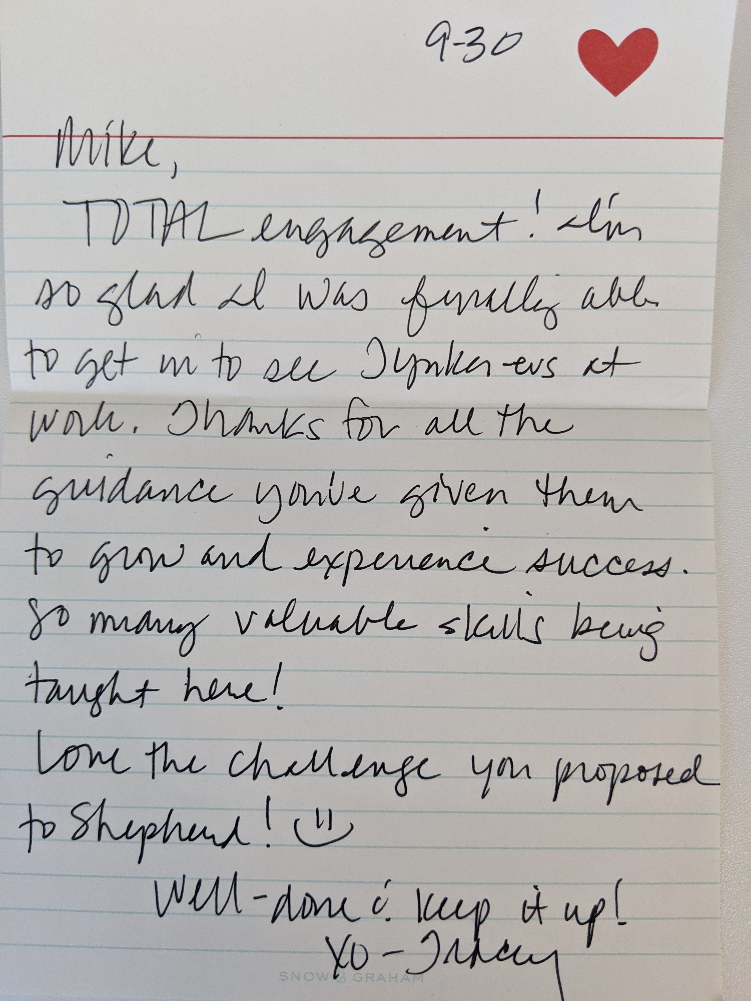 Note from Tracey Shirey from class observation